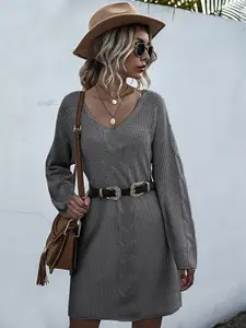 StyleCast Grey Self Designed V-Neck Jumper Mini Dress