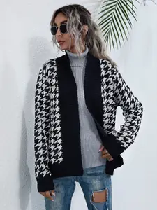 StyleCast Houndstooth Pattern Knitted Design Drop-shoulder sleeves Belted Front-Open