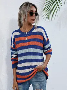StyleCast Blue & Orange Striped Longline Drop Shoulder Sleeves Top