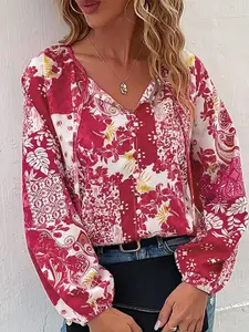 StyleCast Red & White Floral Print Tie-Up Neck Puff Sleeve Shirt Style Top