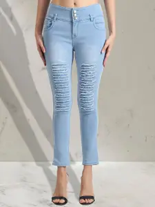 A-Okay Girls Slim Fit High-Rise Light Fade Highly Distressed Stretchable Cropped Jeans