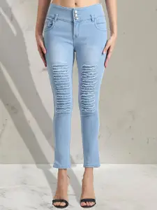 A-Okay Girls Slim Fit High-Rise Light Fade Highly Distressed Stretchable Cropped Jeans