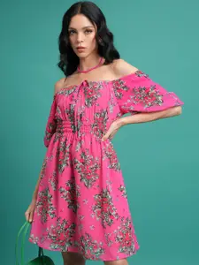 KETCH Floral Print Off-Shoulder Flared Sleeves Smocked Fit & Flare Mini Dress