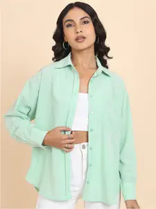 Tokyo Talkies Green Micro Checked Oversized Casual Shirt