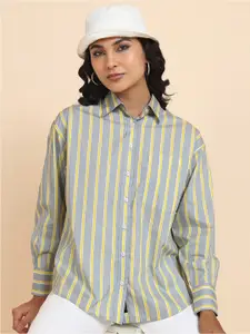 Tokyo Talkies Grey Vertical Striped Drop-Shoulder Sleeves Cotton Oversized Casual Shirt