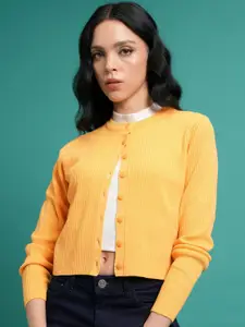 Tokyo Talkies Yellow Ribbed Acrylic Crop Cardigan Sweater