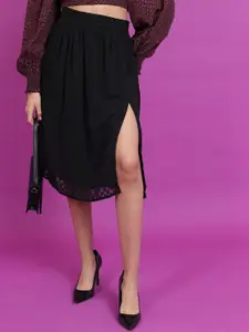 Tokyo Talkies Black Self Design A-Line Midi Skirt