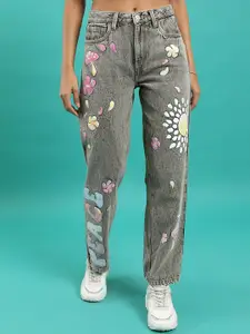 Tokyo Talkies Women Grey Typography Printed Dad Fit High Rise Light Fade Cotton Jeans
