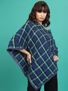 Tokyo Talkies Blue & Black Checked V-Neck Bell Sleeves Cotton Top