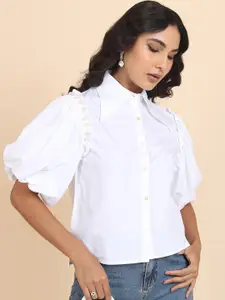 Tokyo Talkies Shirt Collar Puff Sleeves Gathered & Beads Pure Cotton Crop Shirt Style Top