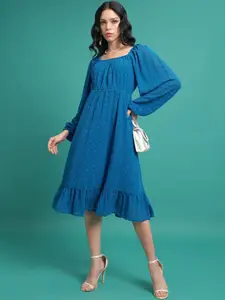 Tokyo Talkies Blue Self Design A-Line Midi Dress