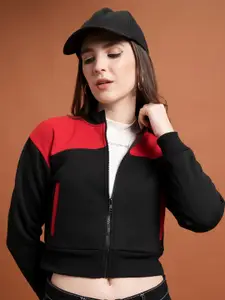 Tokyo Talkies Colourblocked High Neck Crop Front-Open Sweatshirt