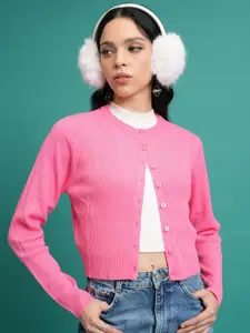 Tokyo Talkies Pink Ribbed Acrylic Crop Cardigan Sweater