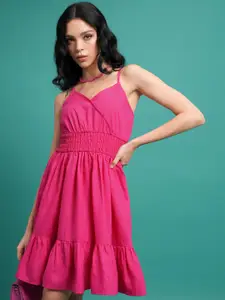 Tokyo Talkies Pink Shoulder Straps Smocked A-Line Mini Dress