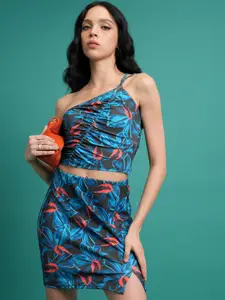 Tokyo Talkies Printed Knitted Halter Crop Top And Skirt
