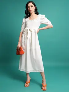 Tokyo Talkies White Puff Sleeves A-Line Midi Dress