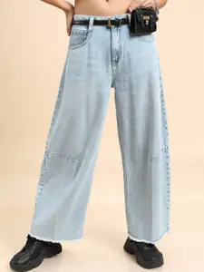 Tokyo Talkies Women Blue Flared Clean Look Heavy Fade Frayed Hem Cotton Jeans