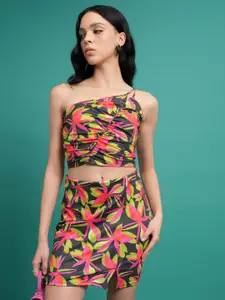 Tokyo Talkies Pink Printed One Shoulder Top & Skirt