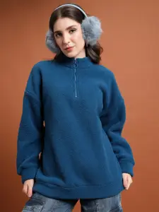 Tokyo Talkies Mock Collar Oversized Half Zipper Drop Shoulder Pullover Sweatshirt