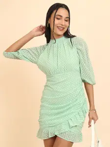 Tokyo Talkies Green Self Design Ruched Mini Wrap Dress