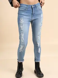 Tokyo Talkies Women Blue Skinny Fit Highly Distressed Heavy Fade Stretchable Jeans