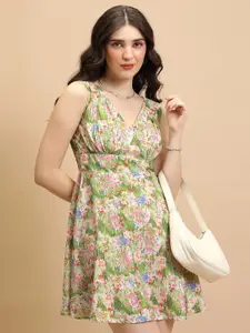 Tokyo Talkies Pink & Green Floral Printed A-Line Mini Dress