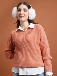 Tokyo Talkies Coral V-Neck Cable Knit Acrylic Pullover