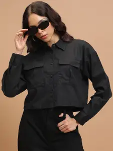 Tokyo Talkies Black Cotton Crop Casual Shirt
