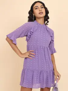 Tokyo Talkies Purple Self Design Ruffled A-Line Mini Dress