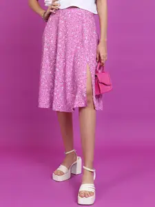 Tokyo Talkies Pink Floral Printed A-Line High Slit Midi Skirt