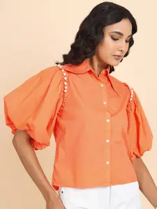Tokyo Talkies Coral Shirt Collar Puff Sleeves Beaded Cotton Shirt Style Top