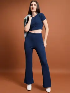 Tokyo Talkies Round Neck Crop Top & Flared Trousers