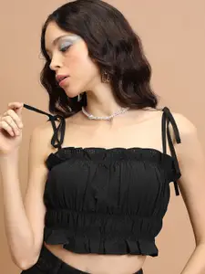 Tokyo Talkies Black Self Design Shoulder Straps Crop Top
