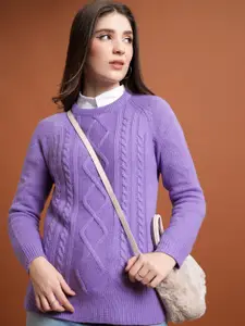 Tokyo Talkies Purple Cable Knit Self Design Acrylic Pullover