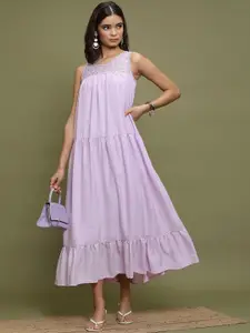 Vishudh Round Neck Gathered A-Line Midi Dress