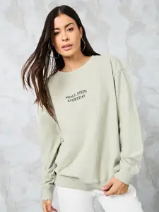 Styli Green Typography Printed Cotton Pullover Sweatshirt
