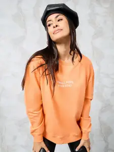Styli Orange Typography Printed Cotton Pullover Sweatshirt