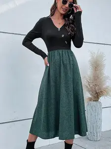 StyleCast Green Printed V-Neck Fit & Flare Dress