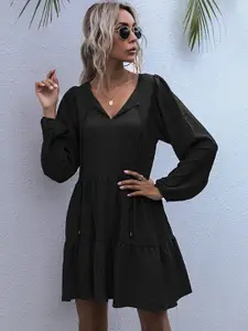 StyleCast Black Cuffed Sleeves A-line Dress