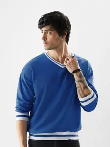 The Souled Store Blue V-Neck Long Sleeves Pullover Sweatshirt