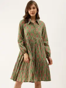 KALINI Ethnic Motifs Printed Shirt Collar Cotton Fit & Flare Ethnic Dress