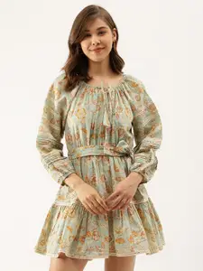 KALINI Floral Printed Tie-Up Neck Puffed Sleeves Lace-Up Fit & Flare Mini Dress