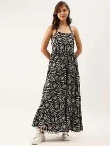 KALINI Floral Printed Halter Neck Sleeveless Smocked Tiered Cotton Maxi Dress