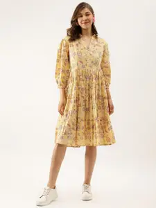KALINI Floral Printed Shirt Collar Puff Sleeves Gathered Cotton A-Line Dress