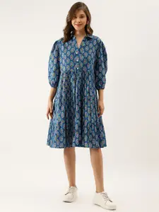 KALINI Floral Printed Puff Sleeves Gathered Cotton Shirt Dress