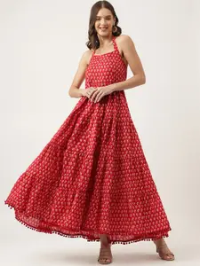 KALINI Floral Printed Halter Neck Tiered Cotton Fit & Flare Maxi Ethnic Dress