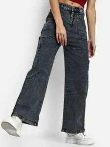BROADSTAR Women Smart Wide Leg High-Rise Light Fade Cargo Jeans