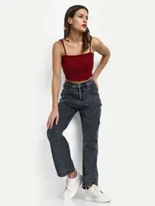 BROADSTAR Women Smart Wide Leg High-Rise Light Fade Cotton Denim Cargo Jeans