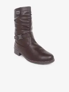 AXIUM Women Textured Heeled Buckle Detail Mid-Top Regular Boots