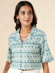 AKKRITI BY PANTALOONS Floral Print Shirt Collar Flared Sleeves Cotton Shirt Style Crop Top
